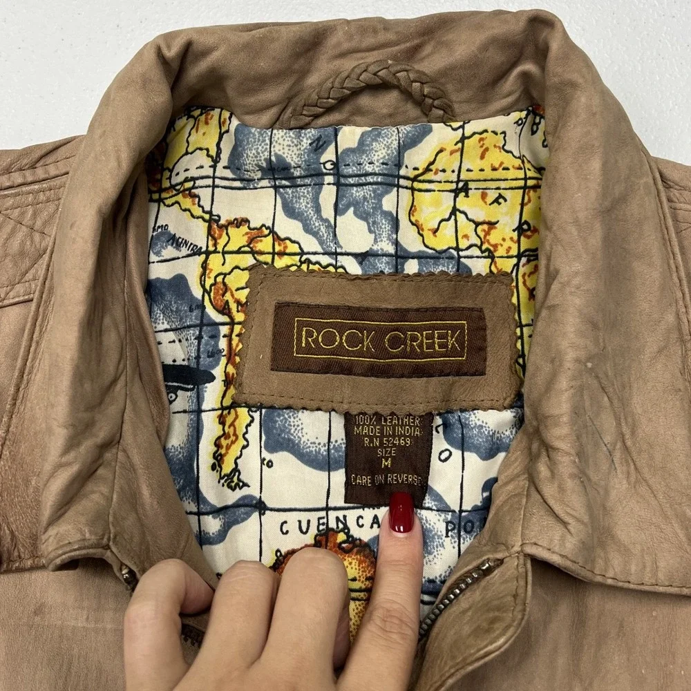 Rock Creek Leather Bomber Jacket Mens M Tan Vintage Map Lining Distressed E2